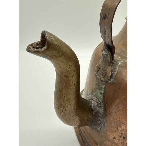 Primitive Farmhouse Copper Tea Kettle With Brass Goose Neck Spout As Is Patina - Picture 6 of 10